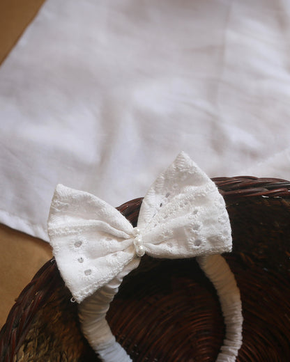Picksparrow White Hakoba Bow with Beads Headband-Solid-Cotton-For Infants