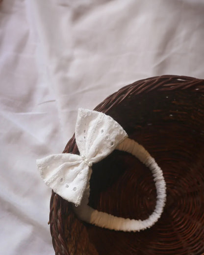 Picksparrow White Hakoba Bow with Beads Headband-Solid-Cotton-For Infants