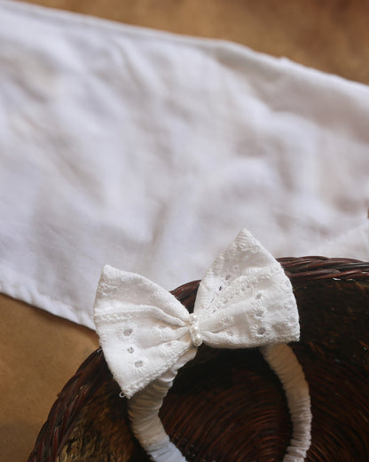 Picksparrow White Hakoba Bow with Beads Headband-Solid-Cotton-For Infants