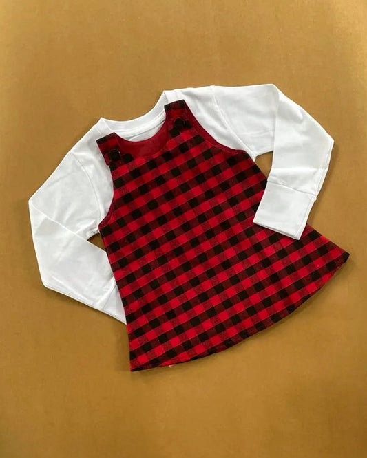 Picksparrow Red and White Frock Dress & T-shirt-Checked-Cotton-For Infants