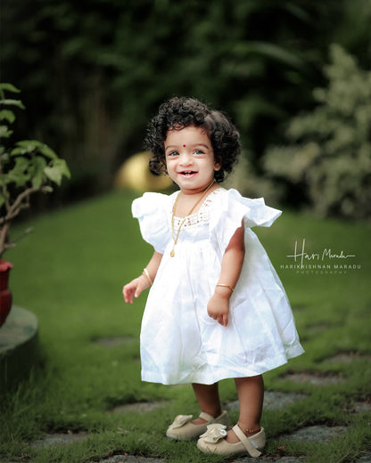 Picksparrow White Frock Dress-Solid-Cotton Silk-For Infants