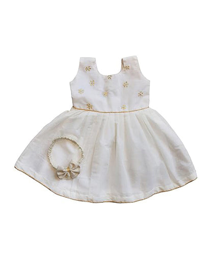 Picksparrow White Frock Dress with Bow-Embroidered-Cotton-For Infants