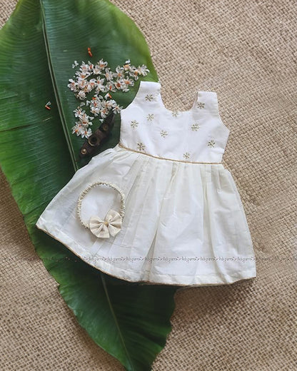 Picksparrow White Frock Dress with Bow-Embroidered-Cotton-For Infants