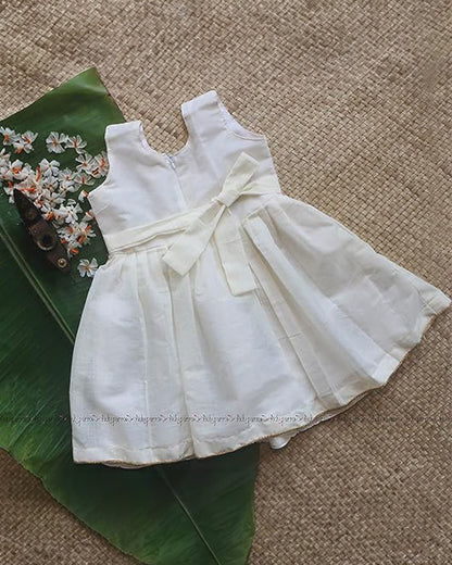 Picksparrow White Frock Dress with Bow-Embroidered-Cotton-For Infants