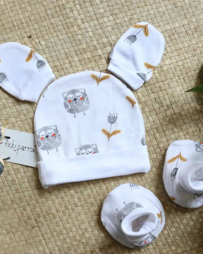 Picksparrow White Cap, Booties & Mittens-Owl-Cotton-For Infants