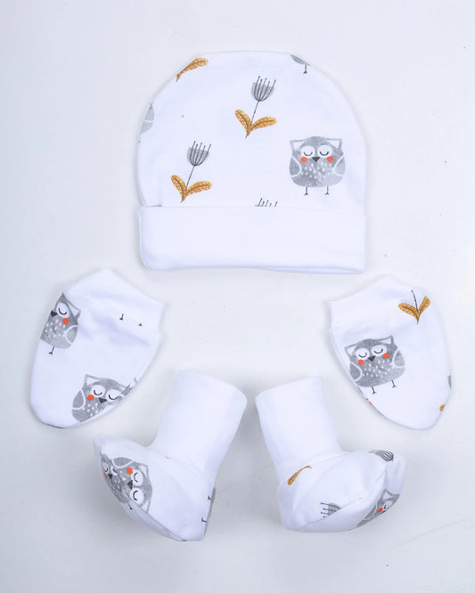 Picksparrow White Cap, Booties & Mittens-Owl-Cotton-For Infants