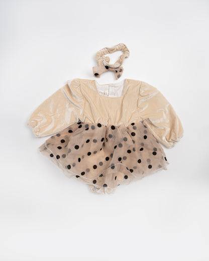 Baby Boo Beige Tisha Dress-Polka Dots-Organza-For Infants