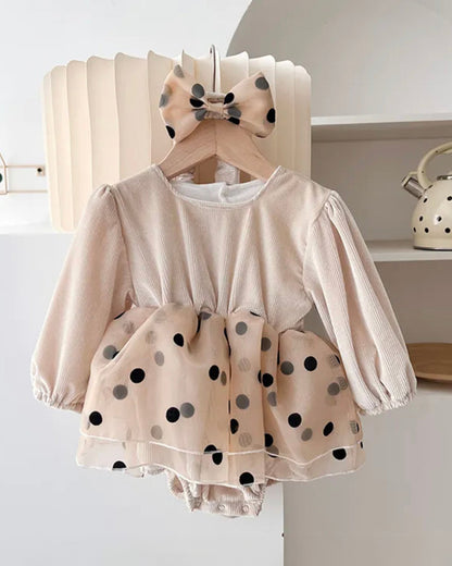 Baby Boo Beige Tisha Dress-Polka Dots-Organza-For Infants