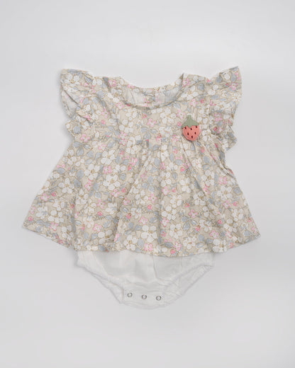 Baby Boo Beige Strawberry Co-ord Dress-Printed-Cotton-For Infants