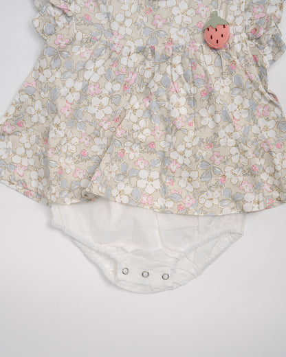 Baby Boo Beige Strawberry Co-ord Dress-Printed-Cotton-For Infants