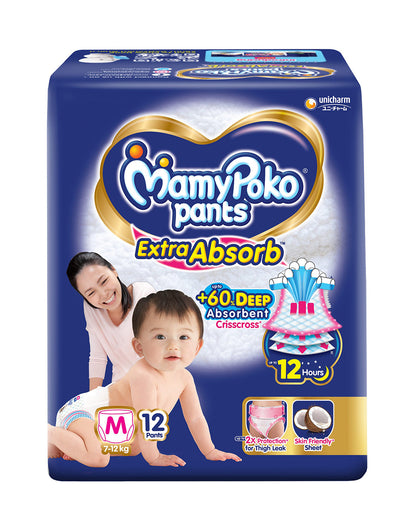 MamyPoko Extra Absorb Diaper Pants-M (7-12 Kg)-2X Protection for Thigh Leak