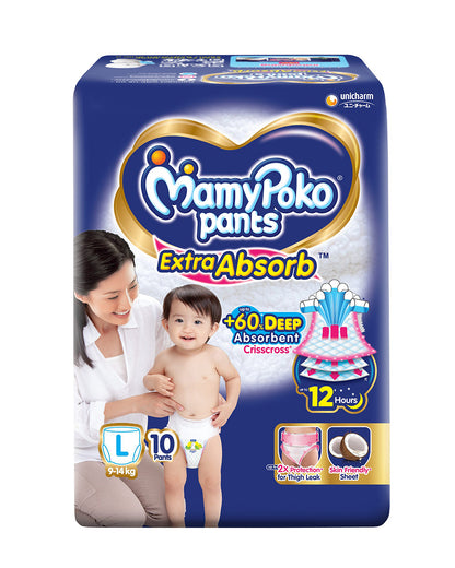 MamyPoko Extra Absorb Diaper Pants-L (9-14 Kg)-2X Protection for Thigh Leak