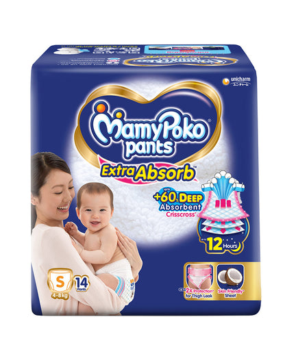 MamyPoko Extra Absorb Diaper Pants-S (4-8 Kg)-2X Protection for Thigh Leak