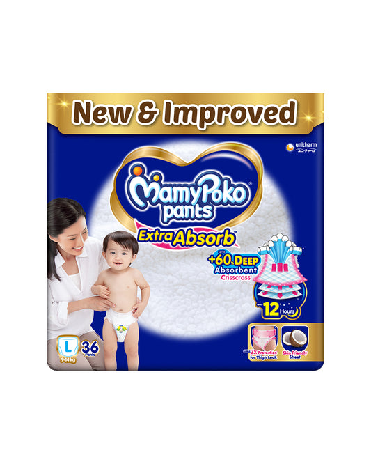 MamyPoko Extra Absorb Diaper Pants-L (9-14 Kg)-2X Protection for Thigh Leak