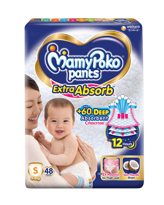 MamyPoko Extra Absorb Diaper Pants-S (4-8 Kg)-2X Protection for Thigh Leak