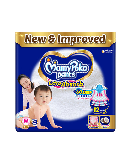 MamyPoko Extra Absorb Diaper Pants-M (7-12 Kg)-2X Protection for Thigh Leak