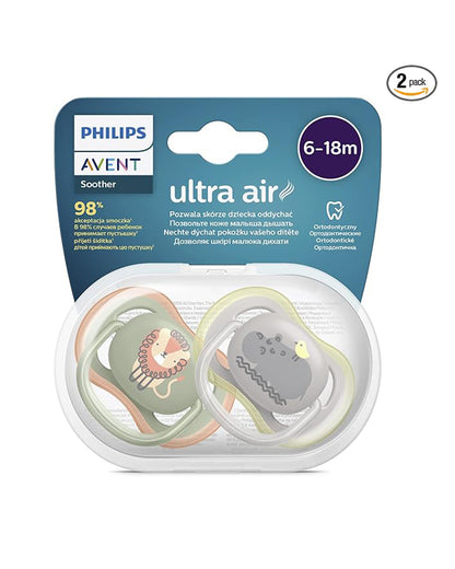 Philips Avent Ultra Air Soother-With Sterilizer Case-Orthodontic-Pack of 2-Green & Grey-6 to 18M-Pacifier