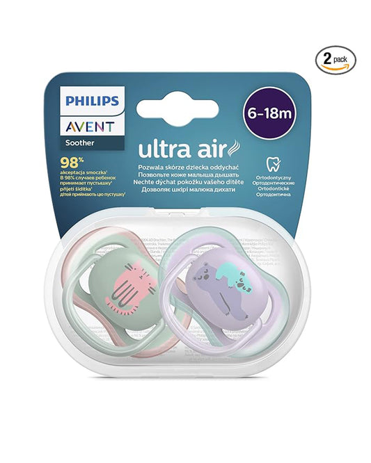 Philips Avent Ultra Air Soother-With Sterilizer Case-Orthodontic-Pack of 2-Green & Purple-6 to 18M-Pacifier