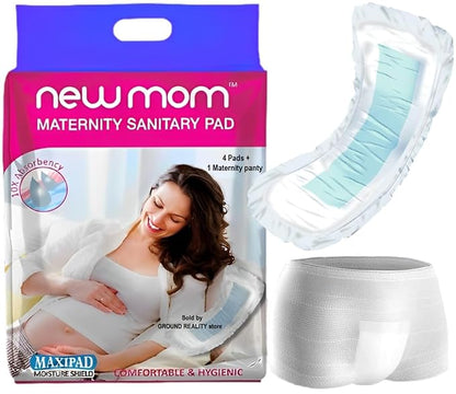 NewMom Heavy Flow Maternity Pads-Pack of 4 Pads & 1 Pad Fixator-Quick Absorption & Anti Odor