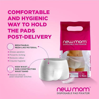 NewMom Heavy Flow Maternity Pads-Pack of 4 Pads & 1 Pad Fixator-Quick Absorption & Anti Odor