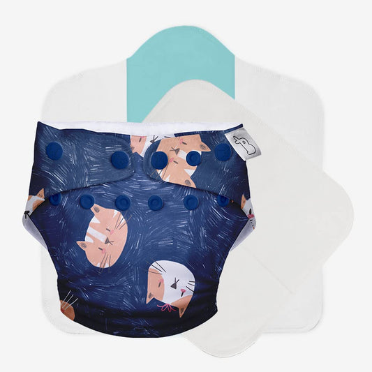 SuperBottoms Good Cat-titude Freesize UNO-12 Hours Absorbency Cloth Diaper-Padded Underwear-100% Organic Cotton-Washable & Reusable-3 to 36M