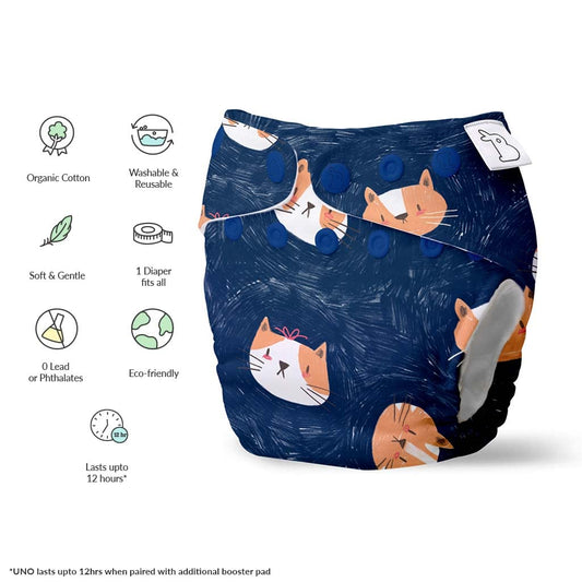 SuperBottoms Good Cat-titude Freesize UNO-12 Hours Absorbency Cloth Diaper-Padded Underwear-100% Organic Cotton-Washable & Reusable-3 to 36M