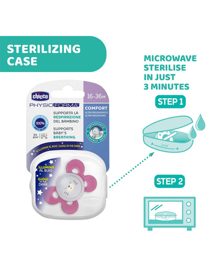 Chicco PhysioForma Comfort Soother-With Sterilizing Case-Orthodontic-Pink Lumi-16 to 36M-Pacifier