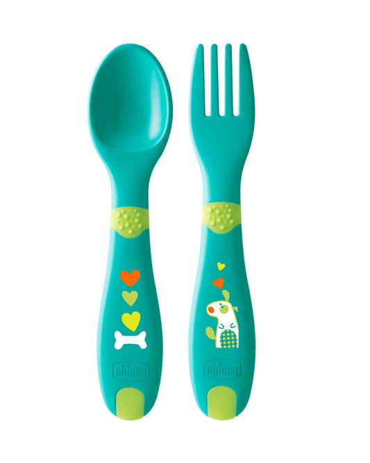 Chicco First Cutlery Spoon & Fork Set-Ergonomic & Non Slip Handle-12M+-Neutral Green-For Infants