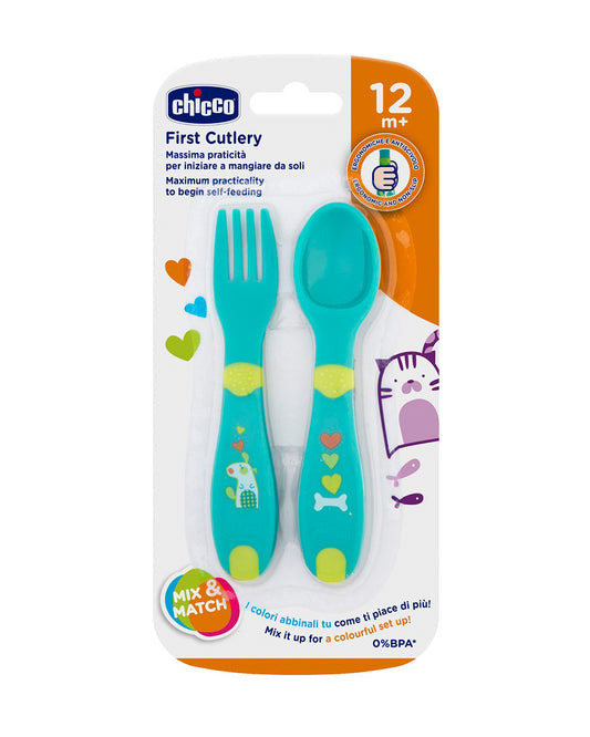 Chicco First Cutlery Spoon & Fork Set-Ergonomic & Non Slip Handle-12M+-Neutral Green-For Infants