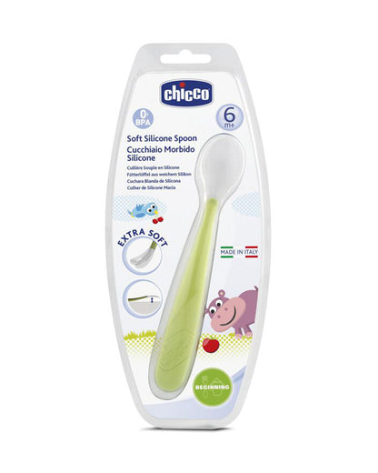 Chicco Soft Silicone Spoon Set-Long Handles-6M+-Green-For Infants