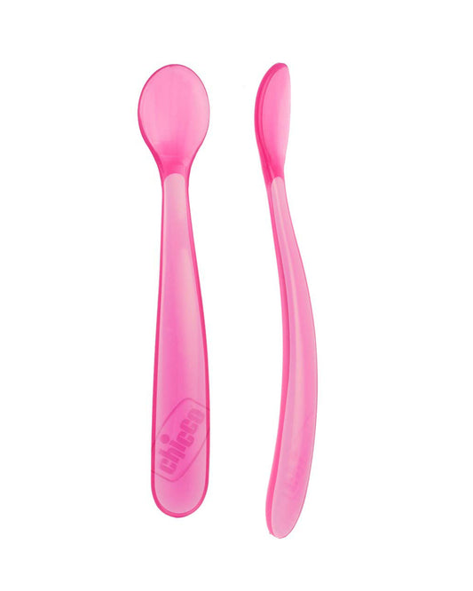 Chicco Soft Silicone Spoon Set-Long Handles-Pack of 2-6M+-Pink-For Infants