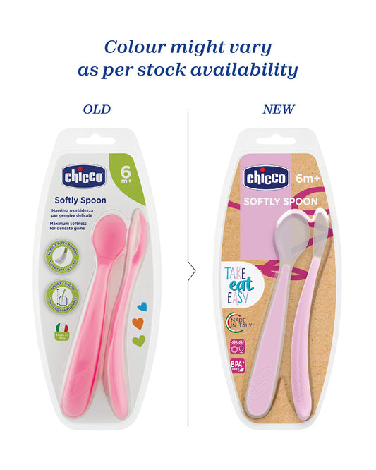 Chicco Soft Silicone Spoon Set-Long Handles-Pack of 2-6M+-Pink-For Infants
