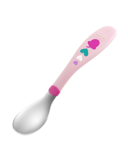 Chicco Metal Cutlery Spoon & Fork Set-Stainless Steel-18M+-Pink-For Infants