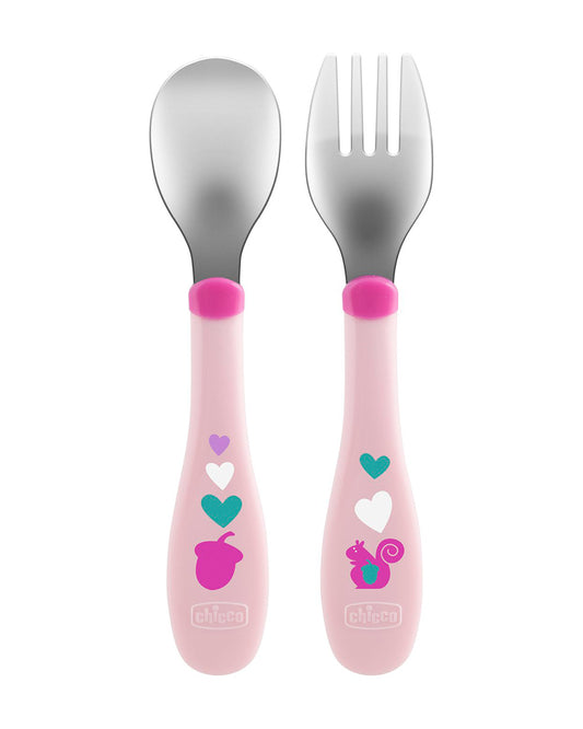 Chicco Metal Cutlery Spoon & Fork Set-Stainless Steel-18M+-Pink-For Infants