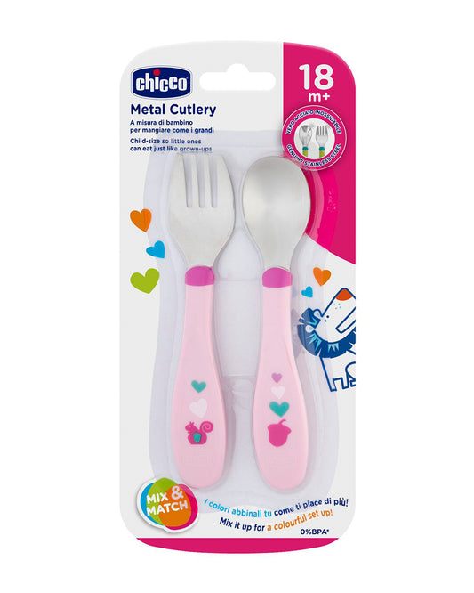 Chicco Metal Cutlery Spoon & Fork Set-Stainless Steel-18M+-Pink-For Infants
