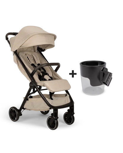 Nuna TRVL Cabin Friendly Baby Stroller-With Free Cup Holder-One Touch Fold-Flat Reclining Seat-Includes Travel Bag & Rain Cover-2 Years Warranty-For 0 to 4Y (Upto 22Kg)-Biscotti
