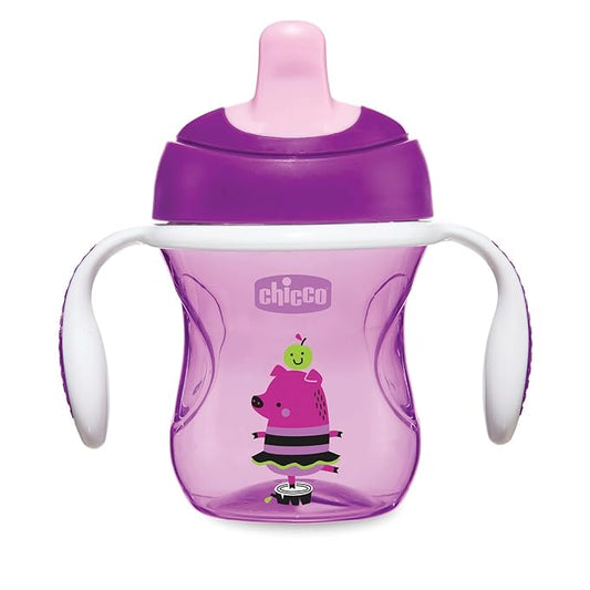 Chicco Training Cup Spout Sipper-With Semi Soft Silicone Spout-Spill Proof-Assorted (Pink/Purple)-200 ml