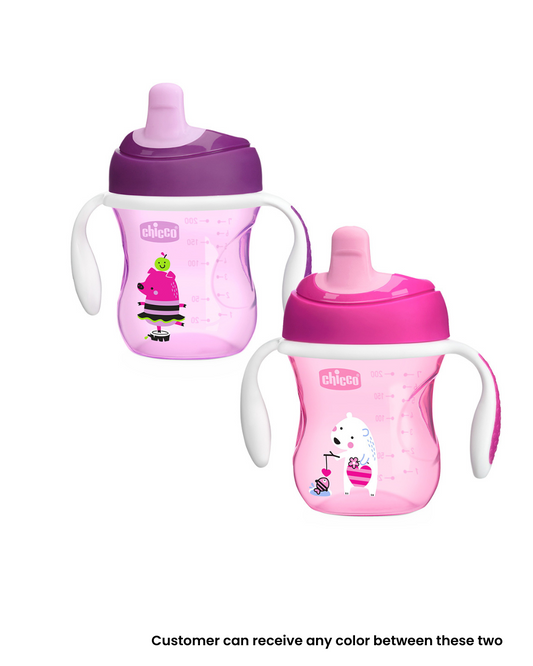 Chicco Training Cup Spout Sipper-With Semi Soft Silicone Spout-Spill Proof-Assorted (Pink/Purple)-200 ml