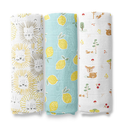 Haus & Kinder Wildlife Wonder Collection Swaddle-100% Cotton Muslin-Pack of 3-Infant Wraps