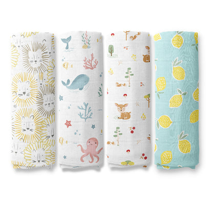 Haus & Kinder Fruity Fauna Swaddle-100% Cotton Muslin-Pack of 4-Infant Wraps