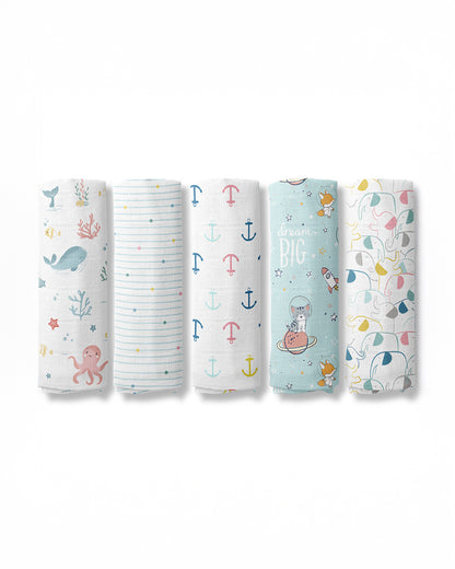 Haus & Kinder Nautical Collection Swaddle-100% Cotton Muslin-Pack of 5-Infant Wraps