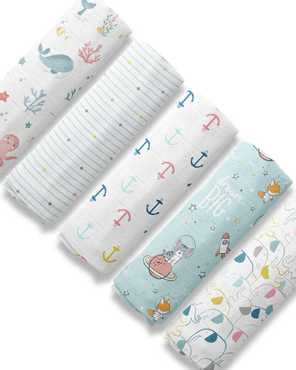 Haus & Kinder Nautical Collection Swaddle-100% Cotton Muslin-Pack of 5-Infant Wraps
