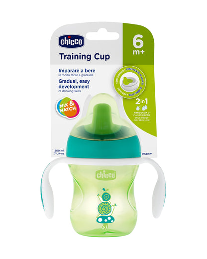 Chicco Training Cup Spout Sipper-With Semi Soft Silicone Spout-Spill Proof-Assorted (Green/Orange)-200 ml