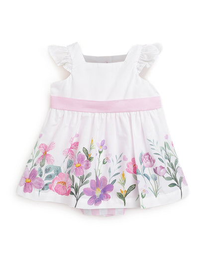 Chicco White and Pink Dress-Floral Printed-Cotton-For Infants