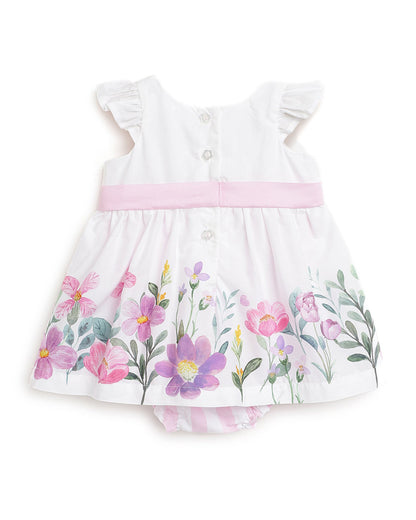 Chicco White and Pink Dress-Floral Printed-Cotton-For Infants