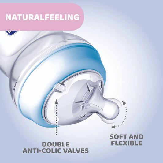 Chicco Natural Feeling Feeding Bottle-Angled Teat-Anti Colic-Slow Flow-150 ml-Blue-0M+