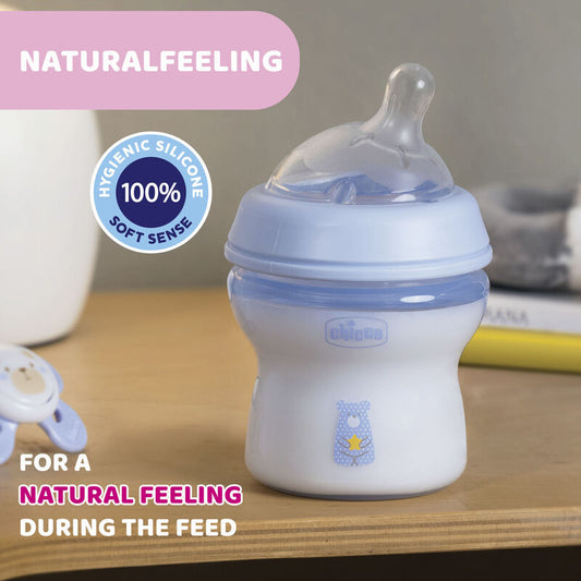 Chicco Natural Feeling Feeding Bottle-Angled Teat-Anti Colic-Slow Flow-150 ml-Blue-0M+