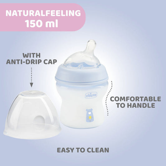 Chicco Natural Feeling Feeding Bottle-Angled Teat-Anti Colic-Slow Flow-150 ml-Blue-0M+