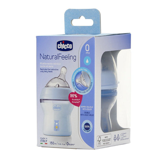 Chicco Natural Feeling Feeding Bottle-Angled Teat-Anti Colic-Slow Flow-150 ml-Blue-0M+