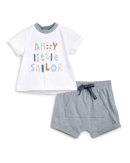 Chicco Medium Light Blue T-shirt and Shorts-Printed-Cotton-For Infants